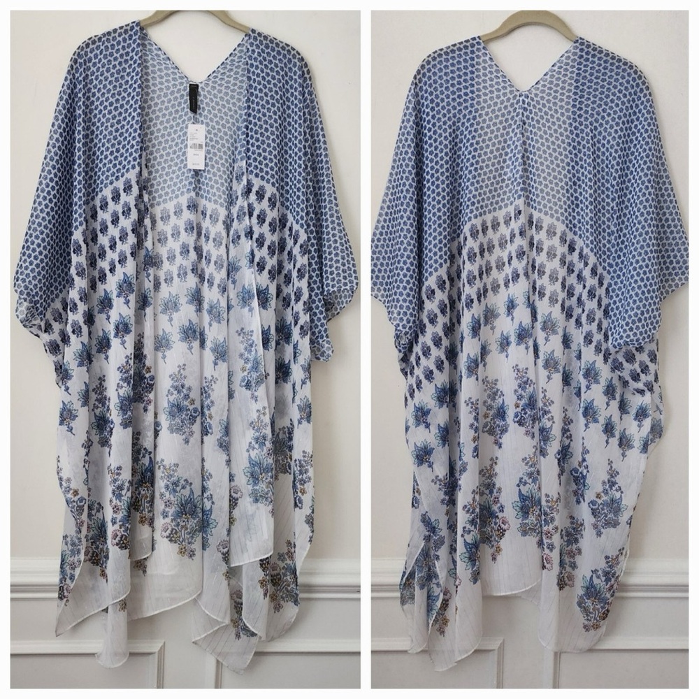 NWT Lane Bryant Kimono Style Metallic Thread Blue & White Floral Beach Coverup